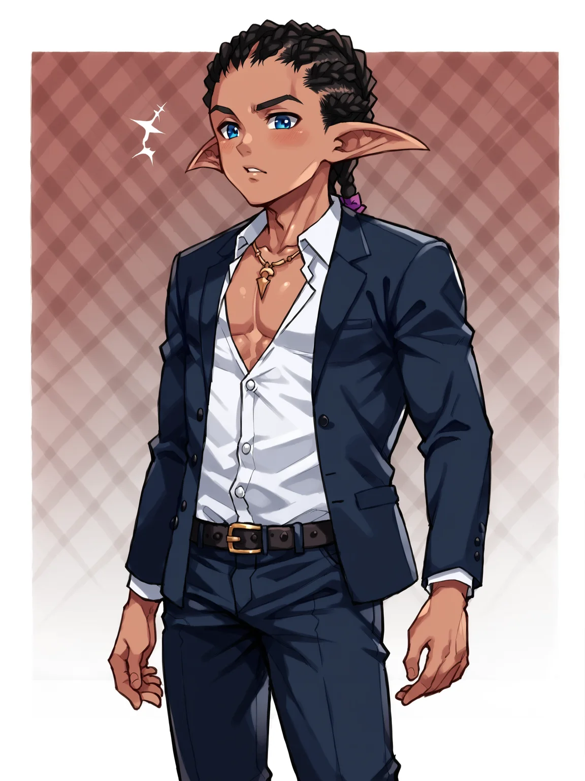 score_9, score_8up, score_7up, score_6up, score_5up, score_4up, BREAK
abstract background, BREAK
solo, male, dark skin, blue eyes, black hair, dreadlocks, necklace, pointed elf ears, school uniform, blazer, bare chest, pants, BREAK
source_anime, rating_safe, BREAK
<lora:Torakitchen__Ebitendon_-_Style_-_PDXL:1> tk_style <lora:Khristofer_Camel:0.8>
