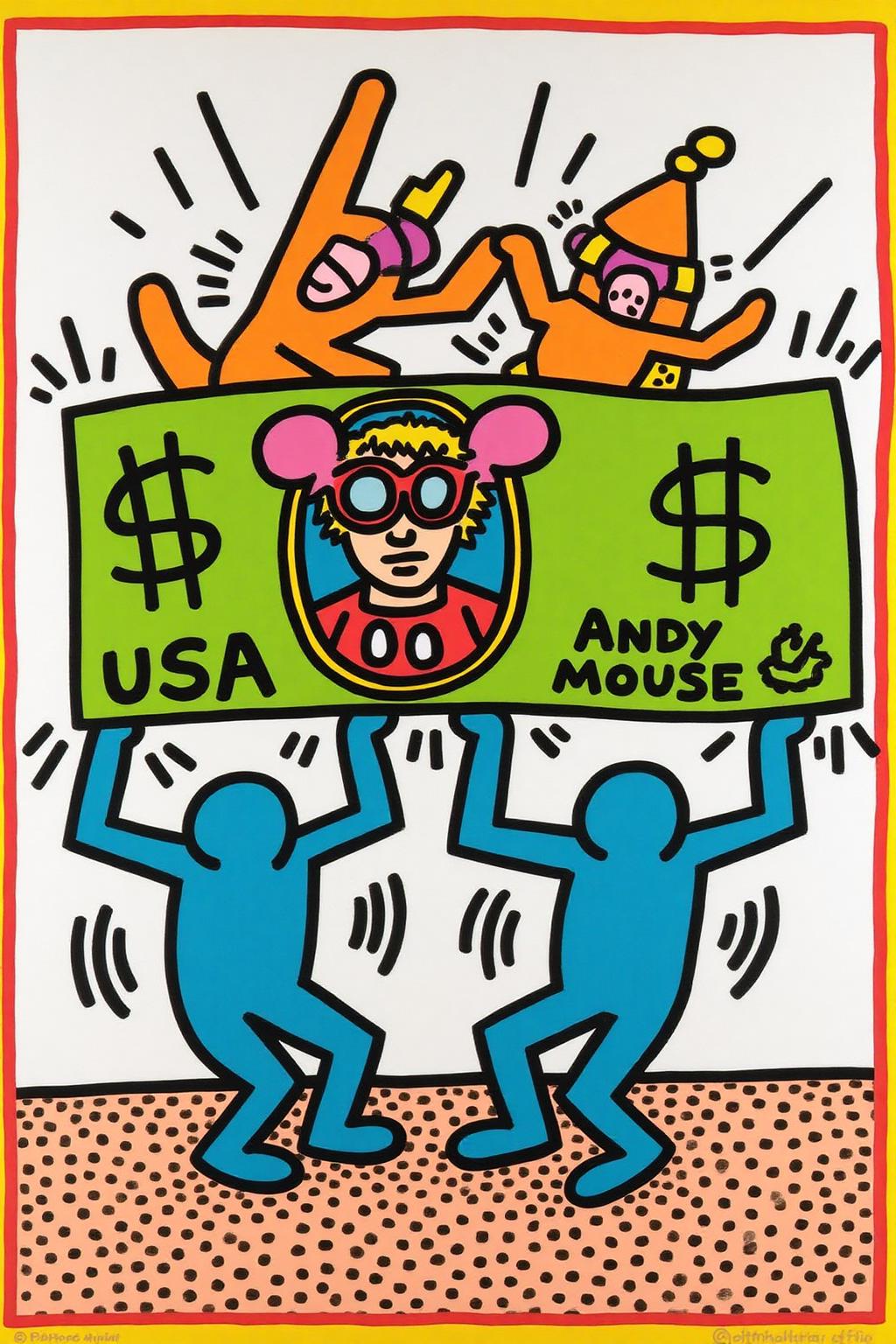 keithharing1 pop art illustration of
two blue dancing figures holding up a dollar bill.  The dollar bill features a man with blond hair, wearing Mickey Mouse Ears. The dollar bills says "USA" and "Andy Mouse".
 <lora:keithharing1_cap_d6a3:1.0><lora:834314306817578590:0>