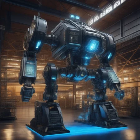 giant robot manufacture, (cutaway view:1.2) of mechanical torso, microchip, wire, computer, mechanical legs, (glowing core:1.1), (intricate details:1.4) BREAK ultra wide shot, indoor, factory, construction platforms, truck, no humans BREAK (masterpiece, best quality:1.2), promotional art, official art, award-winning, highres, extremely detailed, 8k photo, best quality, intricate details, realistic, gorgeous, hyperdetailed, grainy, high quality, (((professional))), canon 5d