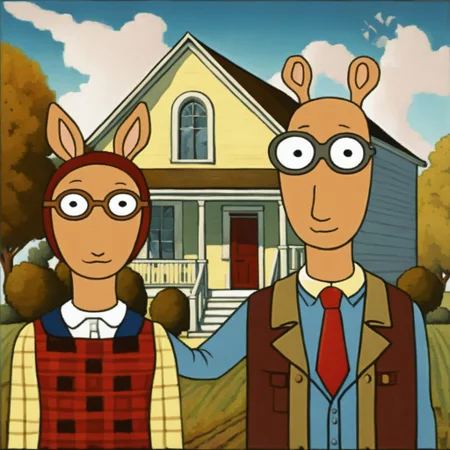 american gothic by grant wood ArthurShow <lora:SDXL-ArthurShow-Lora:1>, Very detailed, clean, high quality, sharp image