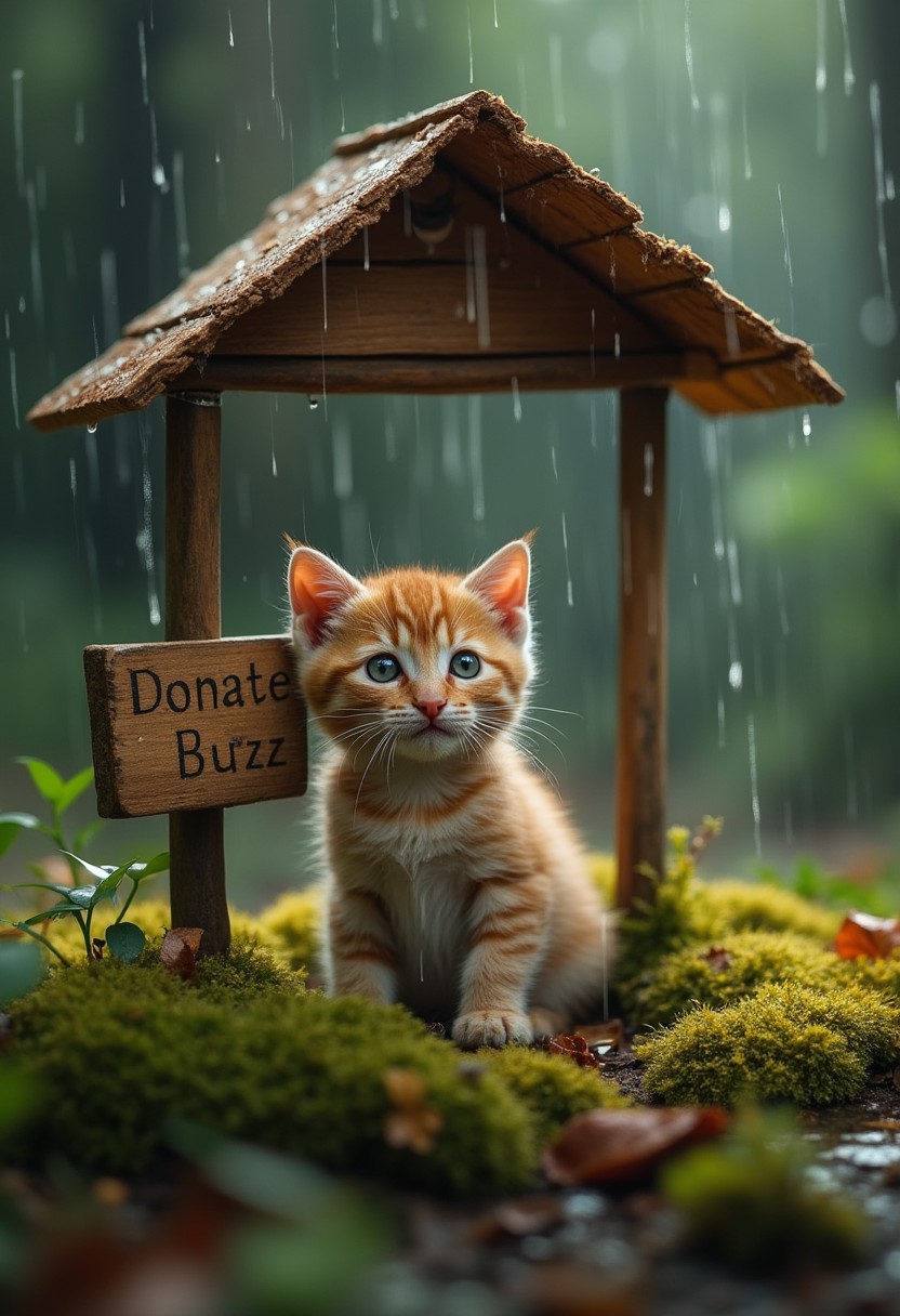 A photorealistic image with artistic enhancements captures a small, endearing kitten sheltered beneath a children's park ride in the midst of a gentle rain shower, rendered in a style that merges Nature Photography, Whimsical Wildlife Art, and Bokeh Cinematography. Kitten is sitting besides a wooden board with 'Donate Buzz' written on it. Kitten almost curious expression, seemingly content, its fur catches diffused light, which highlights its slightly damp appearance from the rain. The rain, depicted as soft, vertical streaks, interacts with both the shelter and the kitten, creating tiny splashes and further enhancing the sense of a fresh, rainy forest scene. The ground, covered in lush, thick moss, ranges in color from deep forest green to lighter yellowish tones, with small leaves and twigs scattered throughout, adding detail and grounding the scene in a natural, earthy environment. The background, with its soft, blurred bokeh effect, shifts from dark greens and browns to lighter tones, creating depth and isolating the kitten and shelter, emphasizing their importance in the composition. The overall mood is peaceful and endearing