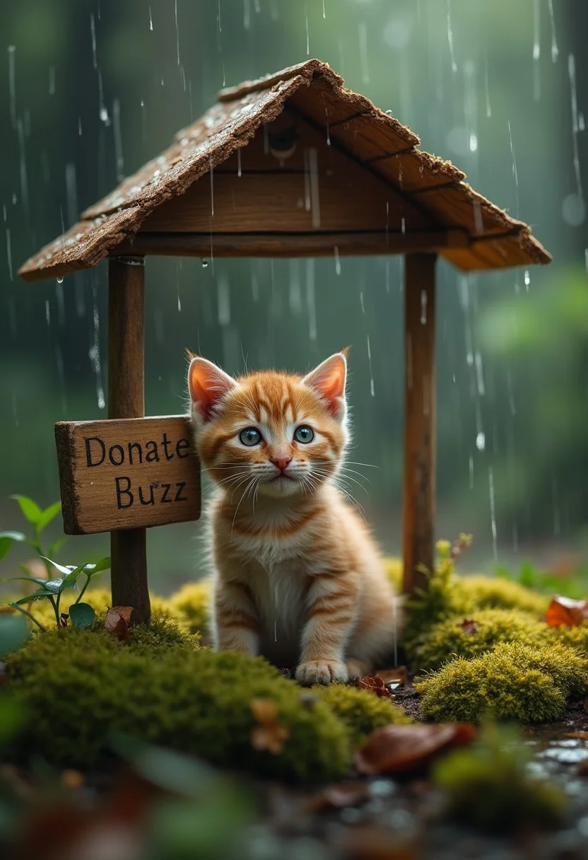 A photorealistic image with artistic enhancements captures a small, endearing kitten sheltered beneath a children's park ride in the midst of a gentle rain shower, rendered in a style that merges Nature Photography, Whimsical Wildlife Art, and Bokeh Cinematography. Kitten is sitting besides a wooden board with 'Donate Buzz' written on it. Kitten almost curious expression, seemingly content, its fur catches diffused light, which highlights its slightly damp appearance from the rain. The rain, depicted as soft, vertical streaks, interacts with both the shelter and the kitten, creating tiny splashes and further enhancing the sense of a fresh, rainy forest scene. The ground, covered in lush, thick moss, ranges in color from deep forest green to lighter yellowish tones, with small leaves and twigs scattered throughout, adding detail and grounding the scene in a natural, earthy environment. The background, with its soft, blurred bokeh effect, shifts from dark greens and browns to lighter tones, creating depth and isolating the kitten and shelter, emphasizing their importance in the composition. The overall mood is peaceful and endearing