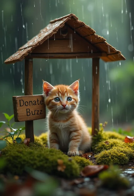 A photorealistic image with artistic enhancements captures a small, endearing kitten sheltered beneath a children's park ride in the midst of a gentle rain shower, rendered in a style that merges Nature Photography, Whimsical Wildlife Art, and Bokeh Cinematography. Kitten is sitting besides a wooden board with 'Donate Buzz' written on it. Kitten almost curious expression, seemingly content, its fur catches diffused light, which highlights its slightly damp appearance from the rain. The rain, depicted as soft, vertical streaks, interacts with both the shelter and the kitten, creating tiny splashes and further enhancing the sense of a fresh, rainy forest scene. The ground, covered in lush, thick moss, ranges in color from deep forest green to lighter yellowish tones, with small leaves and twigs scattered throughout, adding detail and grounding the scene in a natural, earthy environment. The background, with its soft, blurred bokeh effect, shifts from dark greens and browns to lighter tones, creating depth and isolating the kitten and shelter, emphasizing their importance in the composition. The overall mood is peaceful and endearing