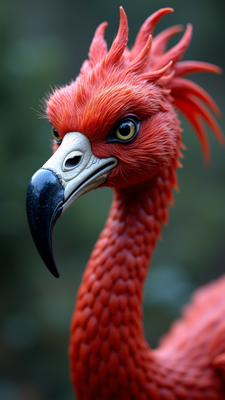 portrait, close up of a The regal red warf, with its long neck and sharp teeth, gazes intently into the distance. His signature white fur is intricately detailed, with every vein and curve carefully rendered. in focus, Joyful, Cold Lighting, aidmaimageupgrader