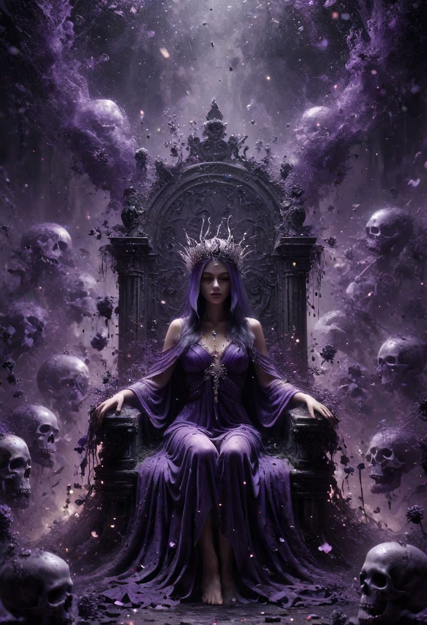 Digital art, concept art. the Queen of the Undead sits upon a Throne of skulls in a gloomy realm. Clad in dark purple slit toga with silver ornaments and draped in canvas hoods, she exudes both seduction and danger. Faded flowers surround her, contrasting with her chilling presence. A glowing magical circle pulsates at her feet, bending the elements to her will. Her eyes, twin orbs of ethereal radiance, convey a depth of darkness and power that warns of impending doom to all who dare oppose her. Bokeh blur. Colorful. BadDream, DEVIL SPAWN, ais-darkpartz, OverallDetail,