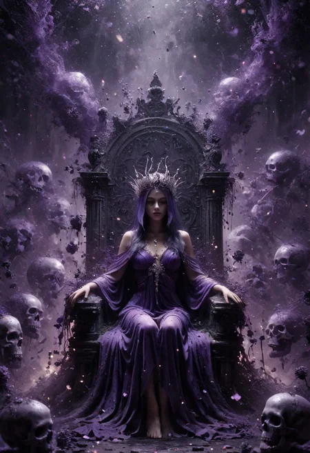 Digital art, concept art. the Queen of the Undead sits upon a Throne of skulls in a gloomy realm. Clad in dark purple slit toga with silver ornaments and draped in canvas hoods, she exudes both seduction and danger. Faded flowers surround her, contrasting with her chilling presence. A glowing magical circle pulsates at her feet, bending the elements to her will. Her eyes, twin orbs of ethereal radiance, convey a depth of darkness and power that warns of impending doom to all who dare oppose her. Bokeh blur. Colorful. BadDream, DEVIL SPAWN, ais-darkpartz, OverallDetail,