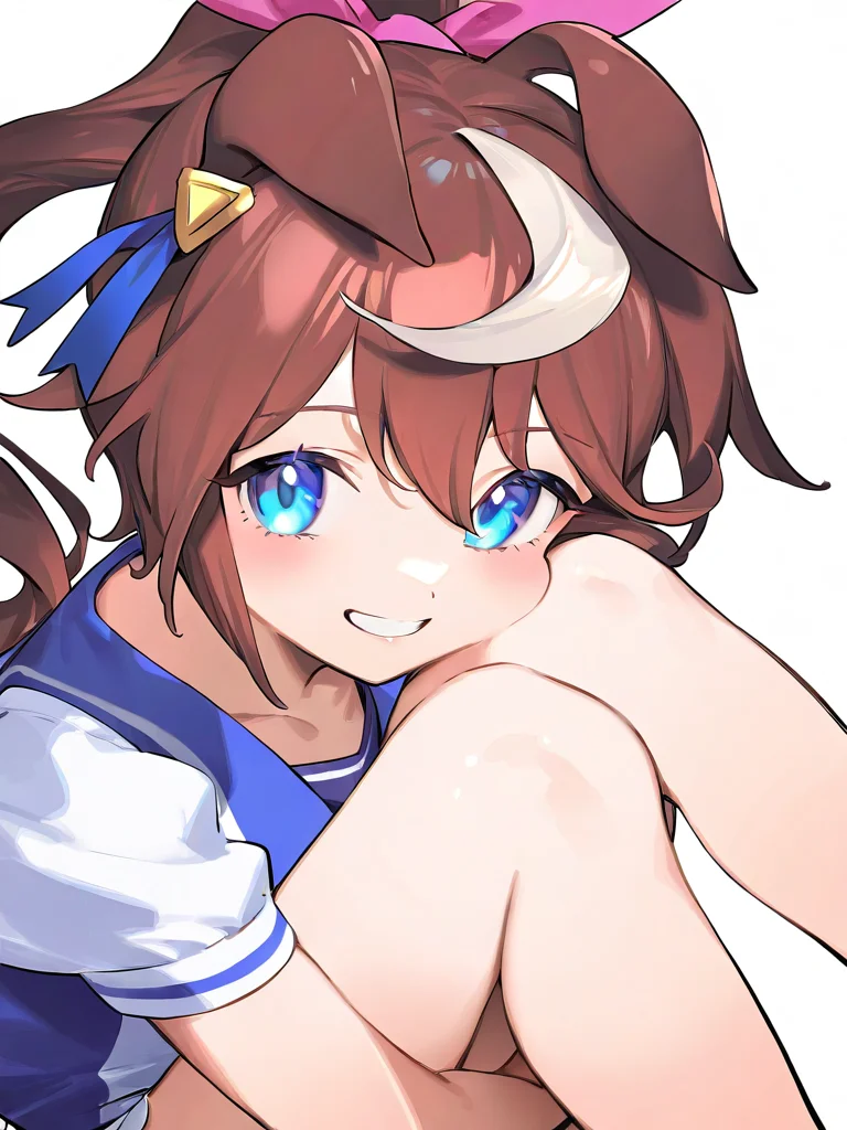 1girl,,tokai teio \(umamusume\),solo,simple background,white background,smile,sitting,<lora:bigcat-000021:1>, masterpiece, best quality, very aesthetic, absurdres,newest, incredibly absurdres,