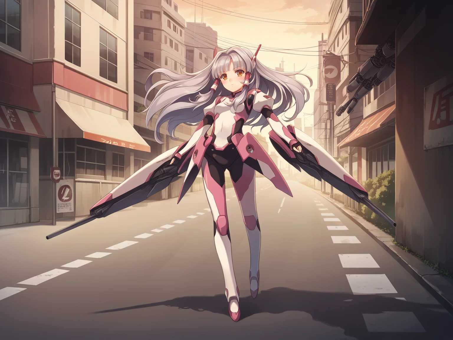 <lora:Alicesoft_-_Oyako_Rankan_-_Kotone_Ririko_Saya_Yukino:1>,alicesoft,yukino,1girl,solo,hair tubes,hair intakes,curtained hair,sidelocks,hair_up,tied hair,amber eyes,long hair,small breasts,blush,grey hair,mecha musume,machinery,action,fighting stance,outdoors,street,lamppost,headgear,city,sidewalk,car,traffic light,cowboy shot,, score_9, score_8_up, score_7_up,source_anime,(masterpiece),(best quality),(ultra-detailed),(best illustration),(best shadow),(absurdres),(detailed background),(very aesthetic),source_anime