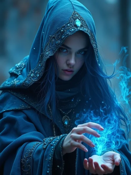 Cinematic style, Realism, Film still, High quality, A mystical and powerful sorceress with flowing blue hair, dressed in an ornate blue hooded cloak. She is casting a spell, her hands glowing with blue magical energy. Her intense, captivating eyes are focused on the spell, and her cheeks are flushed with concentration. The background is ethereal and filled with swirling magic, adding to the otherworldly atmosphere. The intricate details of her clothing and the shimmering magical effects create a sense of fantasy and enchantment.