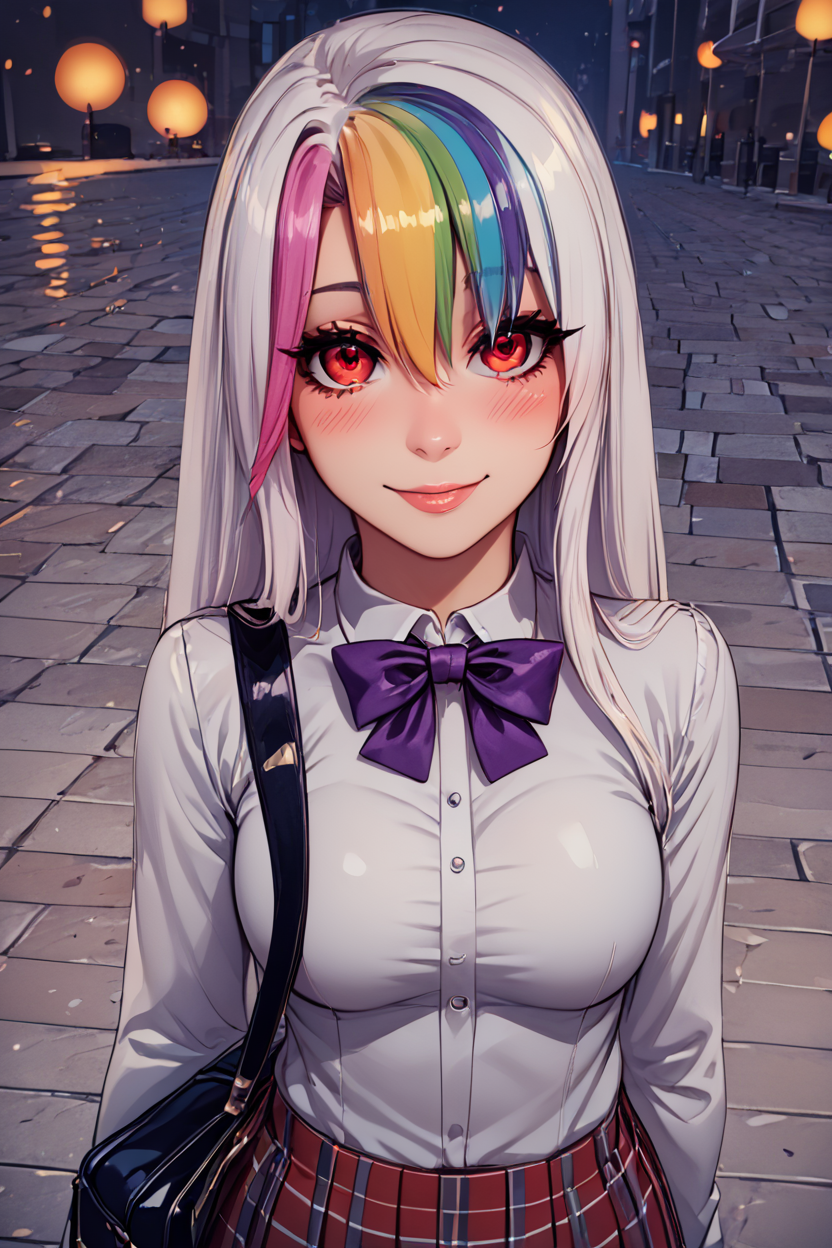 score_9, score_8_up, score_8, medium breasts, (curvy), cute, eyelashes,       BREAK, , <lora:RoxyCitronOCPDXL_v2:0.8>,  Roxy_Citron_OC,  1girl, solo, red eyes, white hair, rainbow hair, long hair, streaked hair, hair between eyes, purple bowtie,  alternate costume, smile, looking at viewer, collared shirt, blush, eyelashes, long sleeves, sleeves past wrists, plaid skirt, shoulder bag, black bag, blurry, tile floor, pleated skirt, white shirt, , BREAK,  (ultra realistic,32k, masterpiece:1.2),(high detailed skin:1.1),( high quality:1.1), curvy, head tilt, hearts, blush, lips, curvy, head tilt, shiny clothes, (upper body), looking at viewer, bokeh, luminescent background,  embedding:zPDXL, Expressiveh,  <lora:RlAnmPDXL:1.0>,