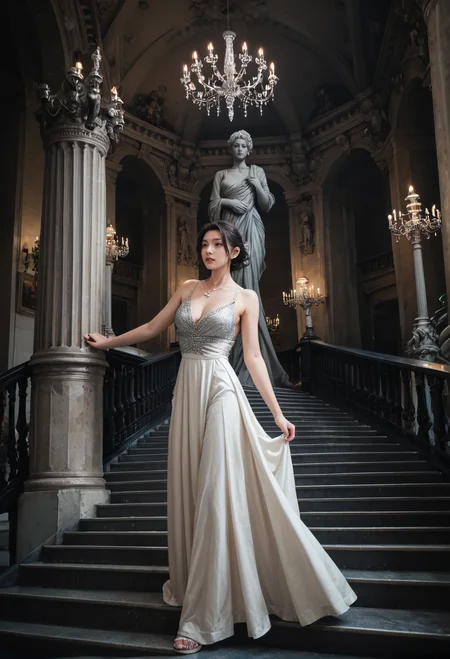 ,ruanyi0762,chandelier,statue,indoors,pillar,stairs,1girl,solo,evening gown,full body,<lora:0762 opera house_v1_pony:1>, score_9,score_8_up,score_7_up,,8k,1girl,solo,