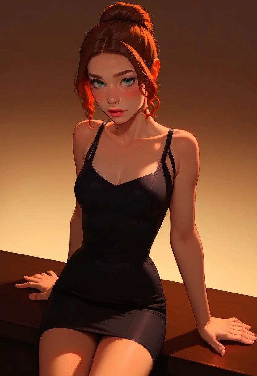 score_9, score_8_up, score_8_up, source_cartoon, solo_focus, stunningly beautiful girl, perfect face, cute, delicate features, strong cheekbones, elegant, makeup, semirealistic, pinup pose, stunningly beautiful green eyes, brown hair, up bun, bangs framing face, detailed irises, perfect eyes, female, 1girl, blush, lounge, jazz club, bar, nice black dress, slender, petite, at night time, cowboy shot, 3/4 view, sitting at bar