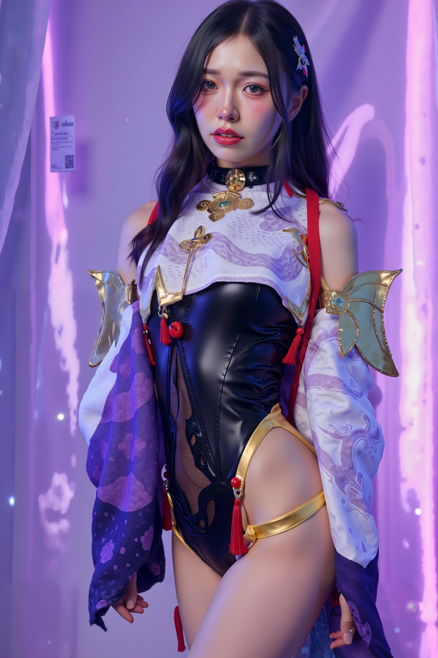 High-resolution photograph of a young woman standing confidently, arms loosely crossed in front of her torso. Her weight subtly shifts to one leg, creating a natural contrapposto stance. Her gaze is directly toward the camera, radiating warmth and self-assuredness. Subtle lighting accentuates her relaxed elegance.

She is wearing SGWN41ClothingStyle1, a black and white bodysuit adorned with gold and red accents, featuring intricate patterns and a high collar. Her makeup is dramatic, with dark eyeliner and bold, glossy pink lips. 

The lighting features a high-contrast, monochromatic white color scheme that creates a moody, intimate atmosphere. 

The photography technique uses what appears to be soft lighting to create a glamorous effect, with careful attention to highlighting contours while maintaining the dominant light purple color scheme throughout the frame.

The overall aesthetic combines elements of fashion photography, traditional Asian visual motifs, and contemporary boudoir styling. The dramatic light purple lighting creates a cohesive visual theme that ties all elements of the composition together.

The white light emit on her to show her feature.