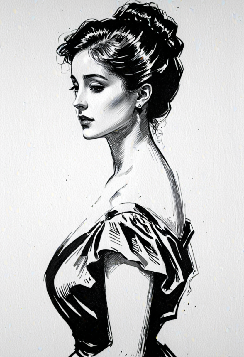 medium shot, portrait profile, , black ink drawing of woman, negative space, artful composition, full bust, dress, monochrome, line art illustration by g1bs0n  <lora:Gibson_XL:1>
 <lora:xl_more_art-full_v1:0.5>
