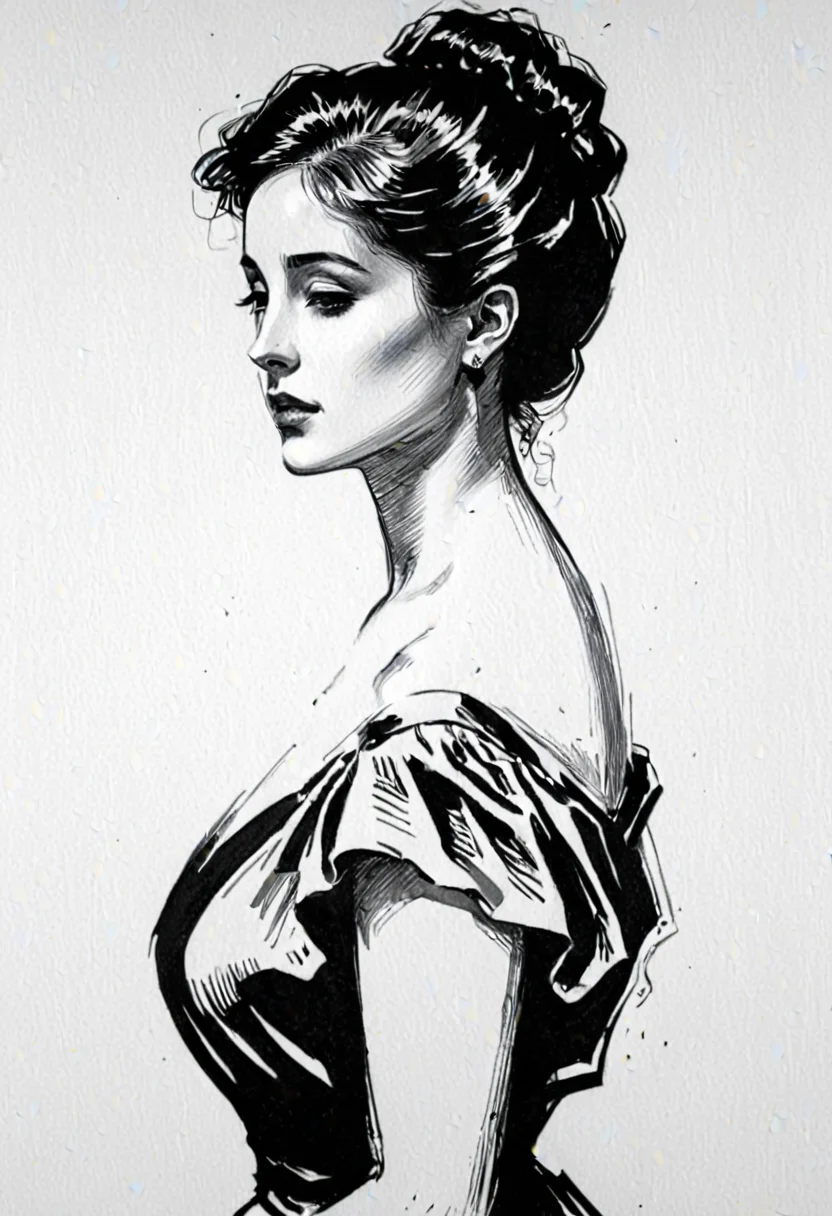 medium shot, portrait profile, , black ink drawing of woman, negative space, artful composition, full bust, dress, monochrome, line art illustration by g1bs0n <lora:Gibson_XL:1>
<lora:xl_more_art-full_v1:0.5>