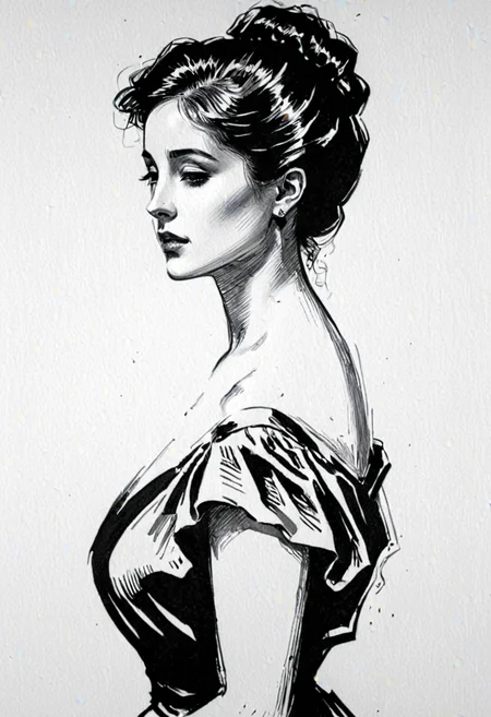 medium shot, portrait profile, , black ink drawing of woman, negative space, artful composition, full bust, dress, monochrome, line art illustration by g1bs0n  <lora:Gibson_XL:1>
 <lora:xl_more_art-full_v1:0.5>