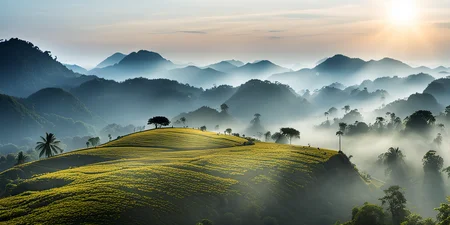 a view of a village and mountains from a hill top in the sun light, cloud, fog. realicstic, bacsonvietnam <lora:bacsonvietnam-000001:1>, (masterpiece,best quality:1.5), ultra realistic,32k,RAW photo,(high detailed skin:1.2), 8k uhd, dslr, soft lighting, high quality, film grain
