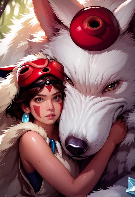 score_9, score_8_up, score_7_up,  1girl, San(/Princess Mononoke)/,(ultra HD quality details), pale skin, brown hair, facepaint, brown eyes, short hair, mask on head,
shiny skin, eye contact, fur cape, crystal necklace, sleeveless_shirt,
tilted angle, moody lighting, p3tl0v3, white wolf, hugging white wolf, dim lighting, medieval fantasy, perfect quality, high quality, photorealistic, sitting BREAK orange and blue hue, (abstract:0.2), expressiveH
