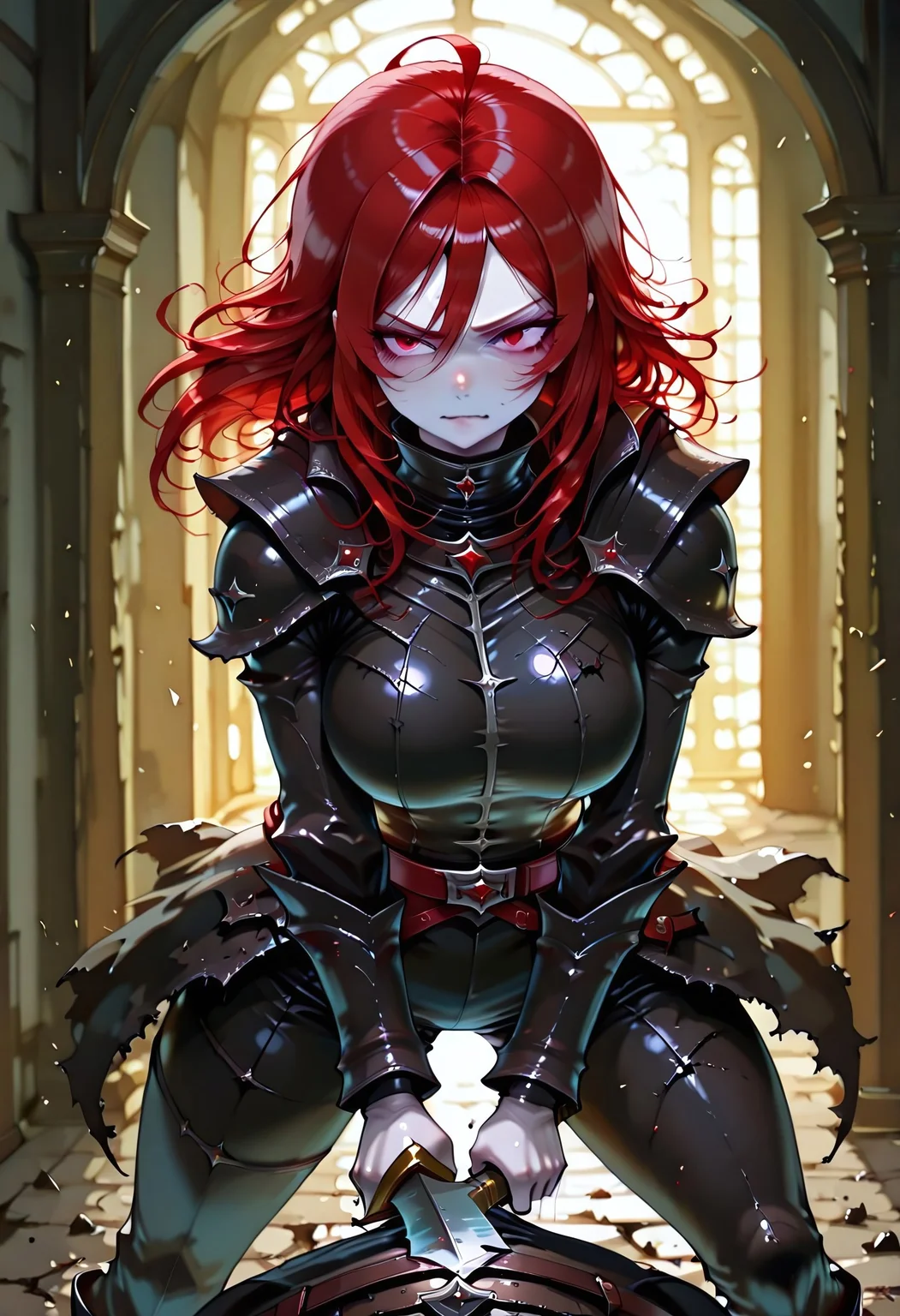 masterpiece, best quality, highres, absurdres, amazing quality, high resolution,
Red Eyes, Red Hair, pale skin, Black Medieval Armor, leather straps
holding sword
curved blade, swinging sword, angry, brave perspective, hand raised up