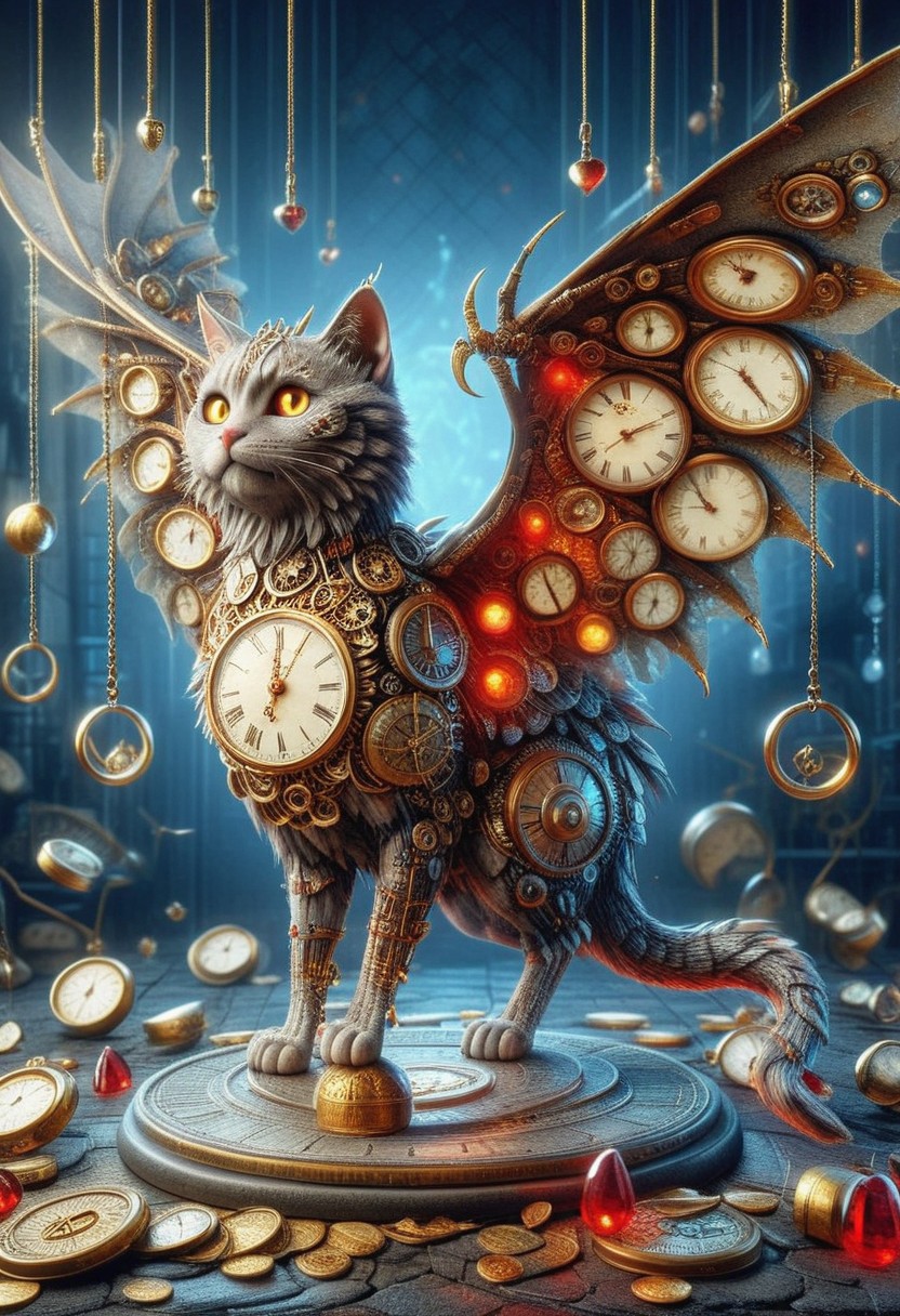 A hyper-realistic cat Classic Clock style Statue  cstatuesdxl, large wings, glowing red eyes, standing on a pile of gold coins, ruby,sapphire, cavern. Imagine dragons adorned with clock faces or cities where the architecture is entirely time-themed! Let your creations bend the rules of time and space, and don’t forget to have a tick-tocking good time doing it!