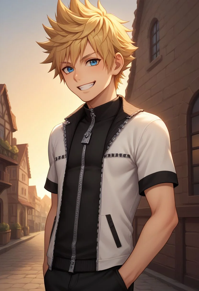 score_9, score_8_up, source_anime, highly detailed, 1boy, solo, male_focus slender, skinny, 
roxas, 1boy, zipper, solo, male focus, spiked hair, blue eyes, jewelry, smile, blonde hair, standing, pants, short sleeves, zipper pull tab, grin, upper body,
outdoor, village, sunset,