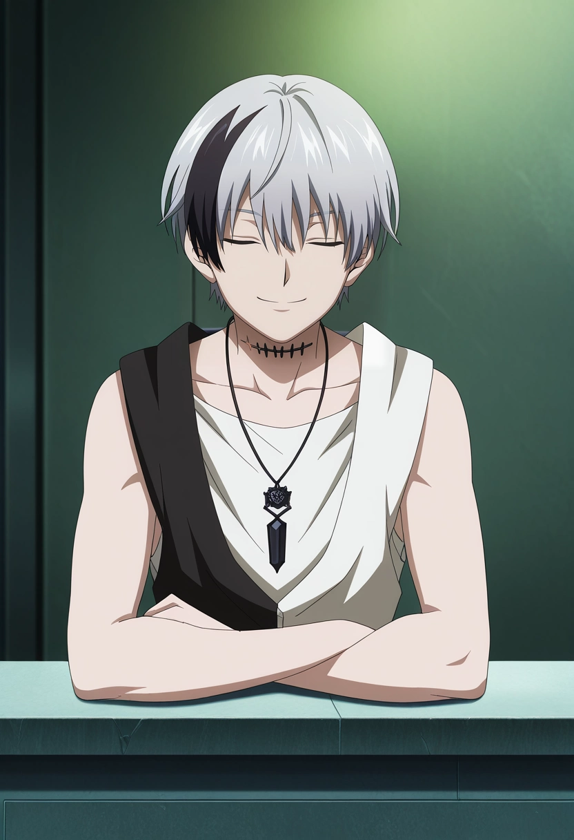 masterpiece, best quality, , anime screencap, anime coloring, official style,, 1boy, solo, male focus, <lora:polka_shinoyama_ilxl:1>, polka_shinoyama, grey hair, blue eyes, two-tone hair, multicolored hair, black hair, short hair, hair between eyes, streaked hair, bangs, scar, white shirt, sleeveless, necklace, rule of thirds, mont saint michel, light, leaning on object, (closed eyes:1.2), smile,