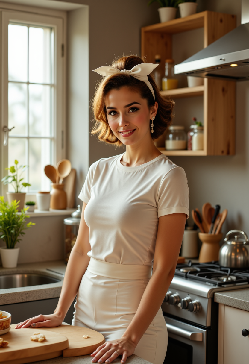photoshoot poses, dynamic angles, multiple angles,She is looking at the camera, photoshoot poses;  a photo of Gabriela, a woman with a white top, white apron, and white bow in her hair, standing in a kitchen with a stove, sink, and potted plants., at the counter, making food. The kitchen is filled with various items such as knives, bottles, a sink, and a potted plant. The overall composition of the image is a casual and relaxed pose of the woman in the kitchen. Huge breasts, busty breasts, she has the perfect milf body, thin waist, wide hips, golden triangle,  she is posing for the camera with a smile on her face.  Style: realistic hyper-detailed rendering, 32k UHD, expressive eyes, punk, graphic design, girl's face, pretty and cute, gleaming lips, telling a tale of adventure. Exuding confidence and serenity. The overall mood of the image is happy and relaxed,detailed skin texture,(blush:0.2),(goosebumps:0.3),subsurface scattering,with a playful and whimsical tone, aidmafluxpro1.1, perfection style, retro50s_style, looking at camera, looking at viewer