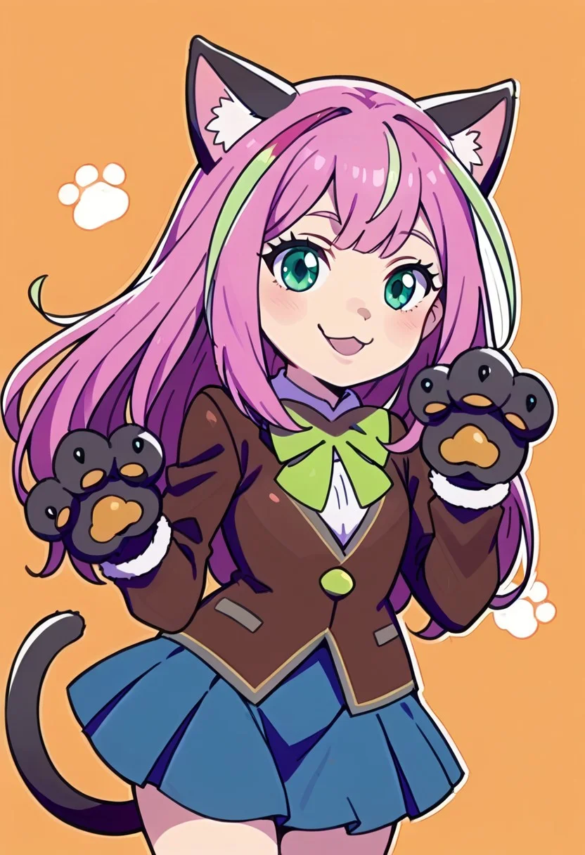 score_9, score_8_up, score_7_up, source_anime, NyaaOS, 1girl, solo, long hair, smile, skirt, gloves, animal ears, school uniform, green eyes, jacket, tail, pink hair, multicolored hair, cowboy shot, cat ears, streaked hair, cat tail, :3, blazer, animal hands, paw gloves, cat paws