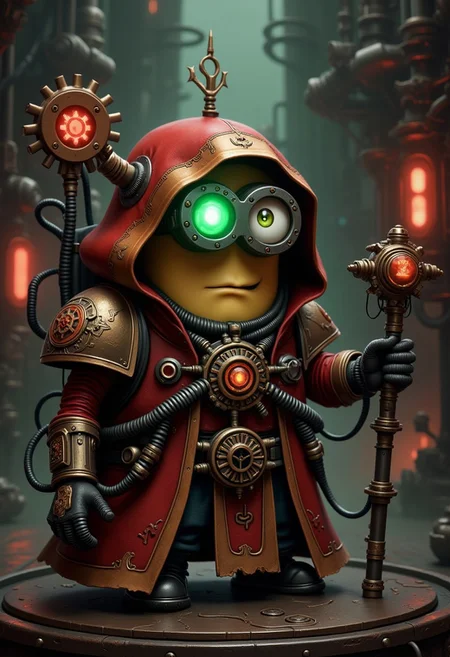 A highly detailed depiction of a one-eyed Minion dressed as a Warhammer 40k Techpriest, with a perfect blend of the Minion’s playful characteristics and the gothic sci-fi aesthetic. The Minion’s single large goggle eye glows with a bright green hue, peering out mischievously from the shadow of an oversized, red, and gold hood decorated with cog-toothed edges. Its small, round yellow face is unmistakable, with its quirky expression contrasting against the ominous tech-adorned garb.
The Techpriest robes are tailored to fit the Minion’s stubby form, with intricate Mechanicus insignias and a mechanical arm protruding humorously from its back, holding a glowing sacred relic. Tubes and wires wrap around its body but leave enough of the Minion’s iconic yellow skin exposed to highlight its identity. In its hand, it grips a staff with a glowing cogwheel symbol at the top, while tiny gears and steam vents subtly accentuate its small stature. The background is an industrial forge world, with towering machinery and glowing red and green lights, enhancing the eerie yet comical vibe of the scene