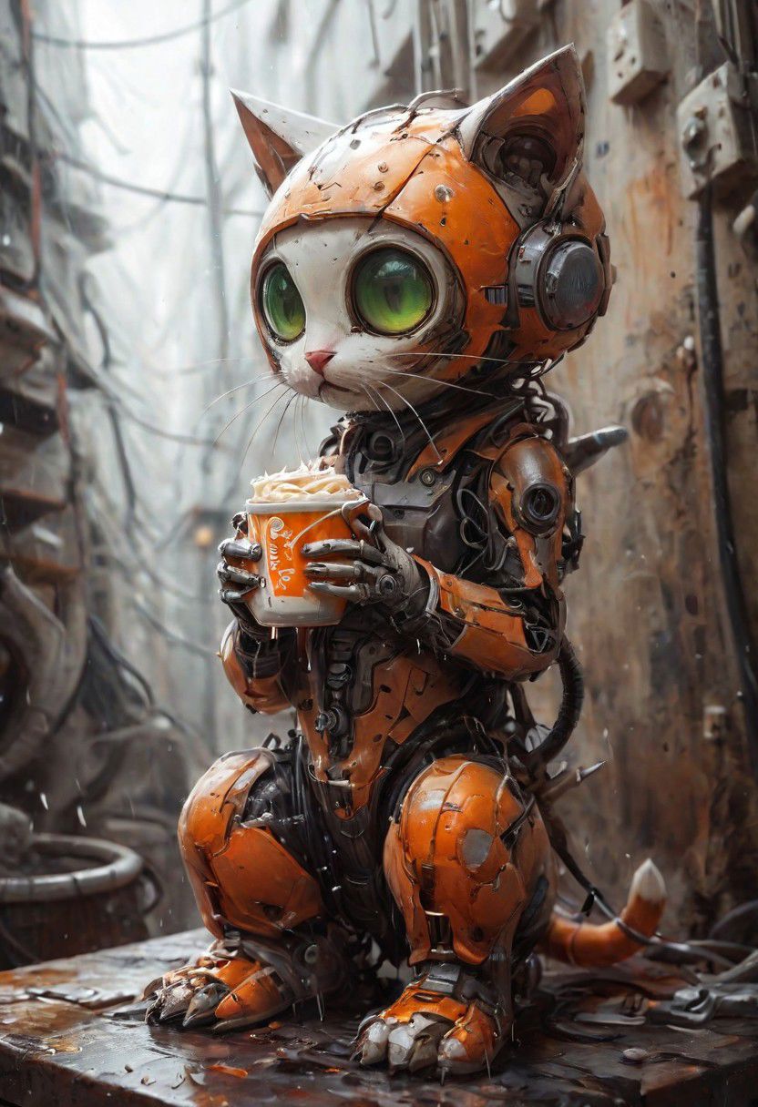 (Robot) (Utopa city)
photo-realistic,
higly-detailed,
cat wearing a futuristic space suit,
serious expresssion
a orange and white kitty sipping a mug of hot coffee holding it with it's two front paws,
lapping up the coffee as if it were drinking water,
light green eyes,