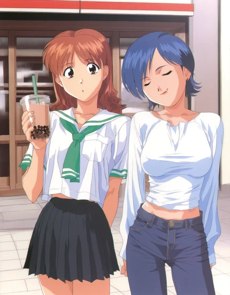 <lora:viper-ctr-illustrious-000028:1> 2girls, cafe, outdoors, sidewalk, cowboy shot
2girls, aska, serafuku, green neckwear, short sleeves, pleated skirt, black skirt, bubble tea
2girls, miki, blue hair, short hair, streetwear, jeans, closed eyes, smirk, masterpiece, best quality