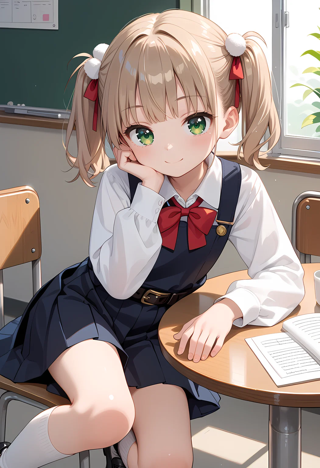 score_7, score_7_up, score_9, score_9_up, BREAKschool uniform,red bow,collared shirt,white shirt,long sleeves,belt,black dress,sleeveless dress,pleated dress,pinafore dress,flat chest,kneehighs,white socks,black footwear,uwabaki ,short hair,light brown hair,twintails,pom pom hair ornament,hair intakes,bangs,green eyes,UiShigure <lora:shigure_Ui_pony:1>cartoon style,cartony,smile, <lora:head_rest_arm_rest_pony_1:1> head rest arm rest, 1girl, sleeping, table