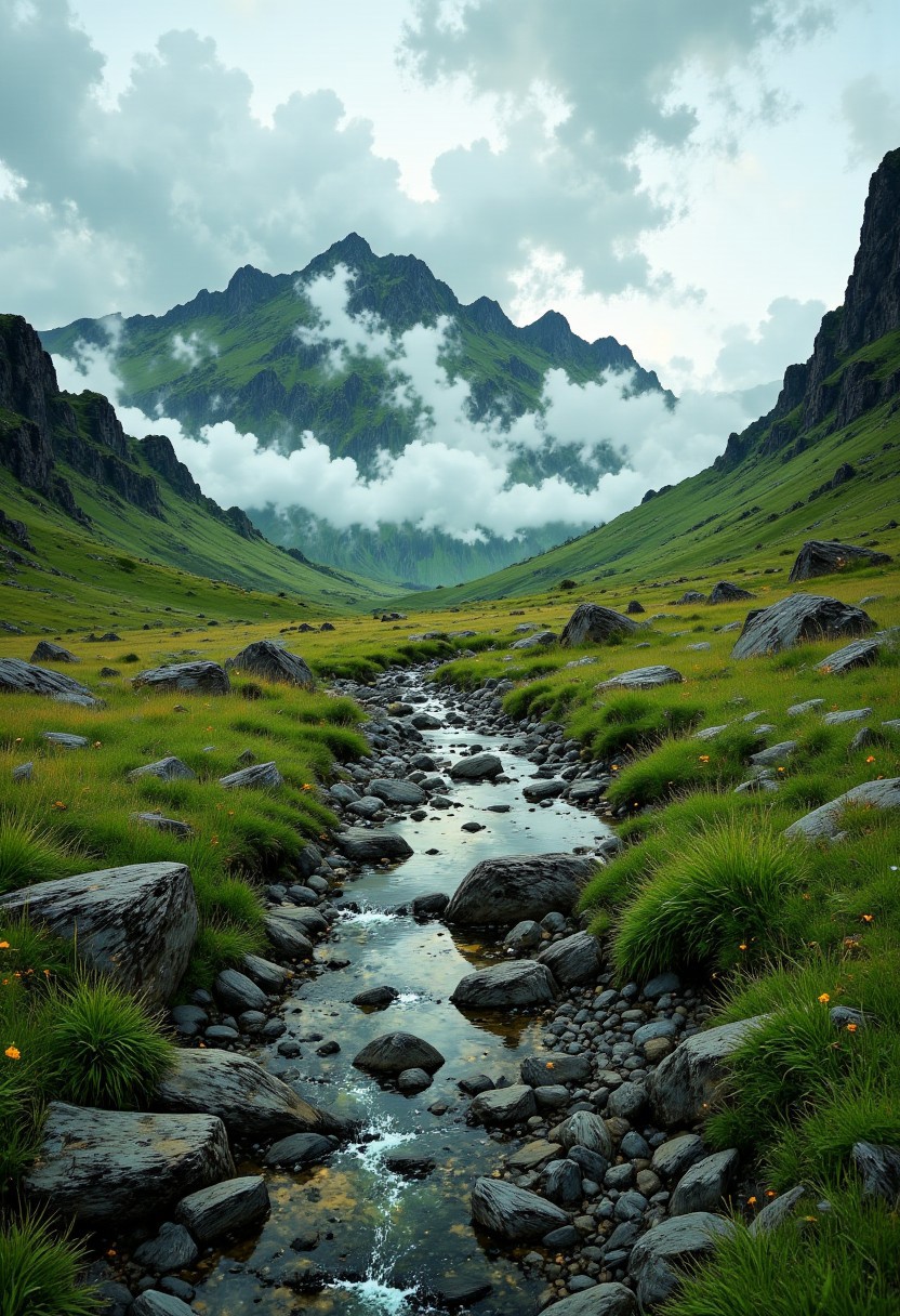 Scottish Highlands Valley – Rolling Hills & Misty Atmosphere
"A mystical valley in the Scottish Highlands, where rolling hills covered in emerald-green grass stretch endlessly toward the horizon. A winding stream carves its way through the valley, reflecting the soft light of the overcast sky. Patches of morning mist hover over the landscape, giving the scene a dreamlike, ethereal quality."