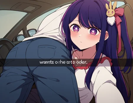score_9, score_8_up, score_7_up, source_anime, <lora:ai-hoshino-s1-ponyxl-lora-nochekaiser:1>, ai hoshino, long hair, bangs, purple hair, symbol-shaped pupils, one side up, hair ornament, hair ribbon, medium breasts,, <lora:he-wants-to-order-ponyxl-lora-nochekaiser:1> he wants to order, he wants to order (meme), drive-thru, snapchat, side-view mirror, car interior, car seat, steering wheel, car interior, three quarter view, lying on person, selfie, 1boy, ass, pants,, blush,,