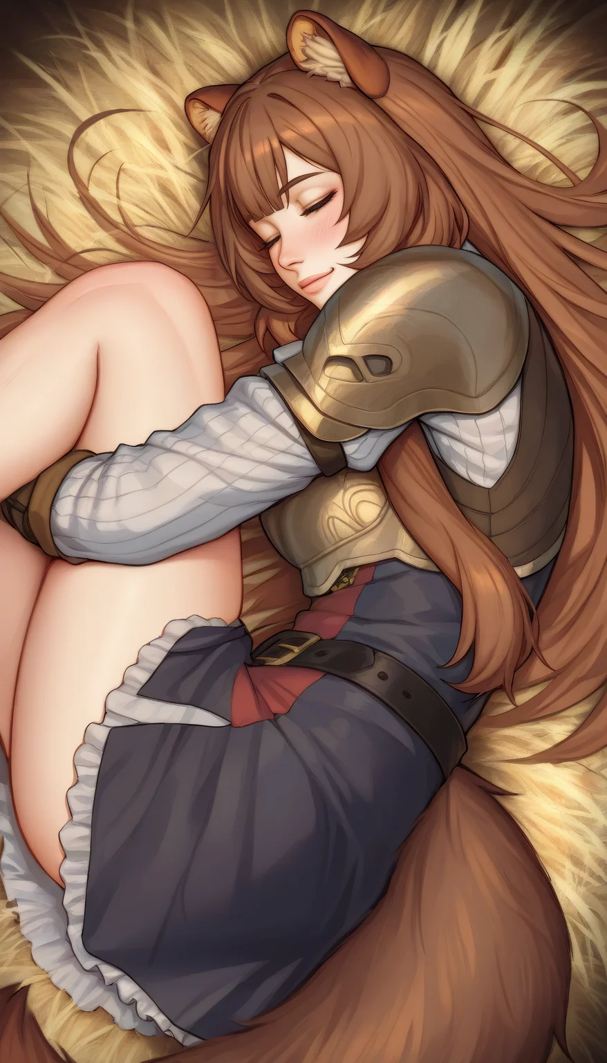 1girl, raphtalia, <lora:frostbitev2_Illu_dwnsty:1>, frostbite, cowboy shot, perspective,
brown hair, long hair, animal ears, raccoon ears, raccoon girl, two-tone dress, black belt, skirt, long sleeves, red ribbon, raccoon tail, large breasts, skindentation, blush, smile, frilled dress, breastplate,
lying, form above, curled up, hugging own legs, hay, barn, on ground, closed eyes, sleeping, from side, on side, fetal position,
looking at viewer, realistic skin, high definition, amazing quality, very aesthetic, best quality, masterpiece, best quality, very aesthetic, highres, absurdres, sensitive,
