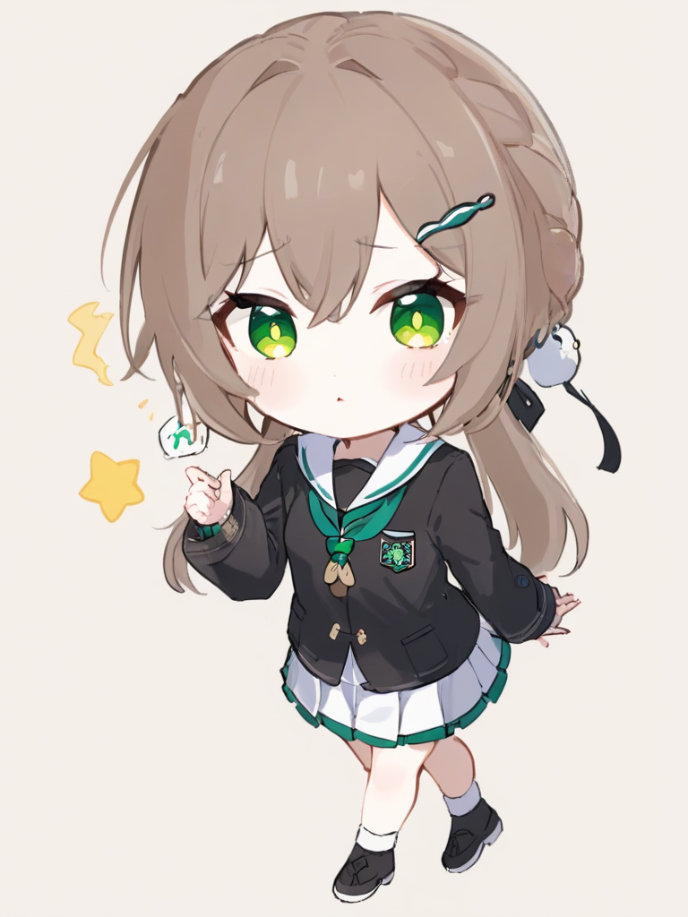 <lora:XL_qingque girl2:1>,qingque girl,green eyes,brown hair,cascadelle\(hairstyle)\,school uniform,chibi,