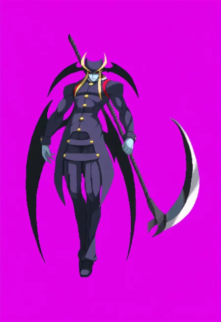 masterpiece, best quality, solo, 1boy, looking at viewer, <lora:Dengeki_Bunko-illus_Fp:1>, full body, pixel art, simple background, <lora:Jedah-illus_Fp:1>, jedahv, blue skin, red eyes, head wings, wings, uniform, pants, long sleeves, sleeve cuffs, floating, holding scythe, muscular, blonde hair,