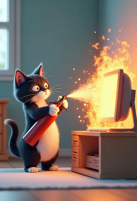 3d rendered cartoon far black and white colored cat, spraying computer with fire extinguisher, computer on fire, words "down for" above image, words "maintenance" below image,