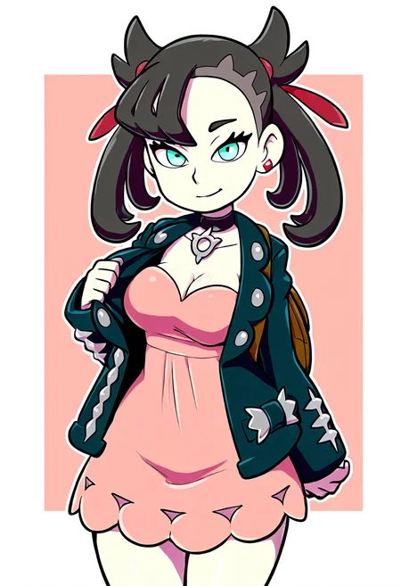 masterpiece, best quality, medium breasts, (curvy), BREAK, zzMarnie, aqua eyes, black choker, red ribbon, pink dress, jewelry, black jacket, open clothes, long sleeves, <lora:MarniePokemon_NAI_v2:1.0>,smile, looking at viewer, cowboy shot, <lora:theOtherHalfNAI:0.8>,