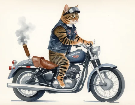 score_9_up, score_9, score_8_up, score_8, score_7_up, A water color painting of a tabby cat, wearing bike leathers, riding a sporty motorbike, helmet with visor up, biker gang, tough, angry, strong, smoking, cigar in hand, <lora:add-detail-xl:1> on {rough paper/a rough canvas}. <lora:Rough_Water_Colors_SDXL:1>