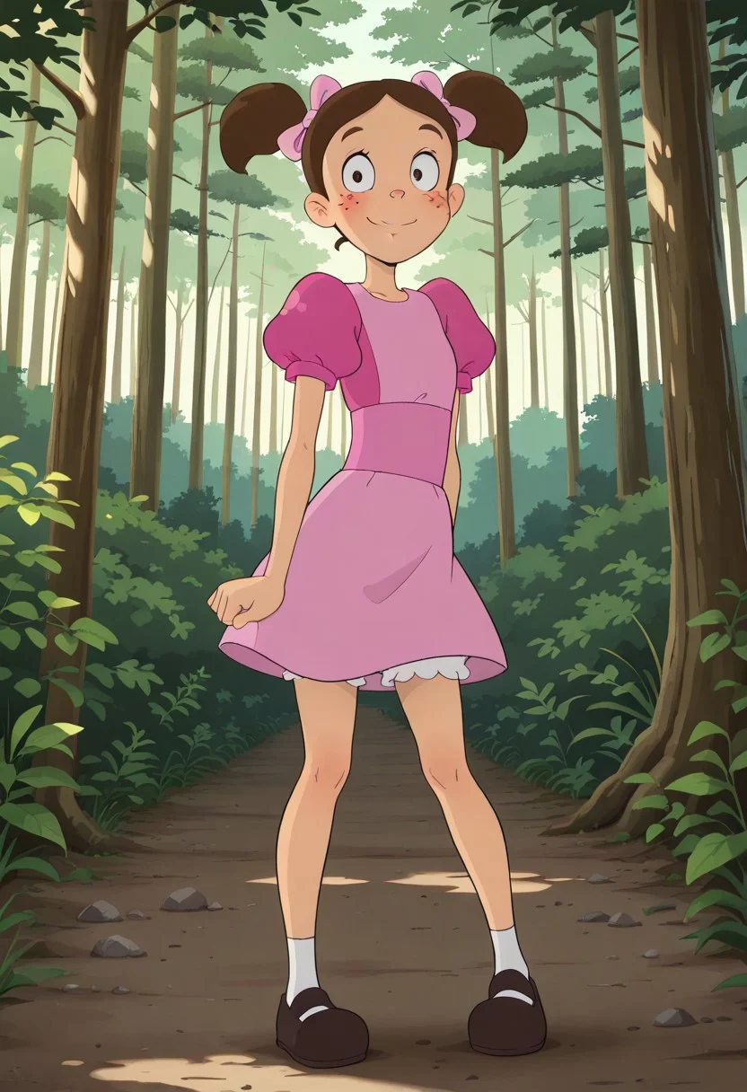 masterpiece, best quality, break, popis_ca, twintails, brown hair, hair bow, freckles, dress, puffy sleeves, smile, looking at viewer, smile, fullbody, forest, natural lighting,