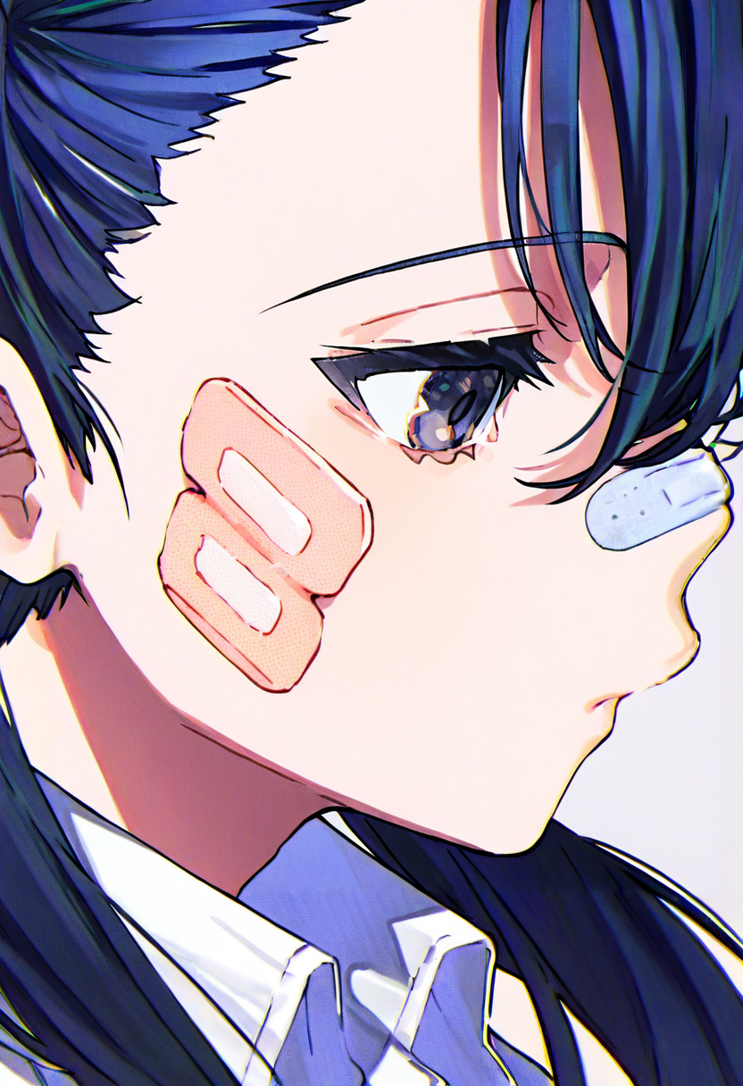 1girl, bandaid, solo, bandaid on face, bandaid on nose, long hair, closed mouth, portrait, blue hair, bangs, profile, twintails, collared shirt, shirt, white shirt, bandaid on cheek, simple background, grey background, hair between eyes, from side <lora:mikaXL_NBVP1_lokr_V6311PZ:0.95>