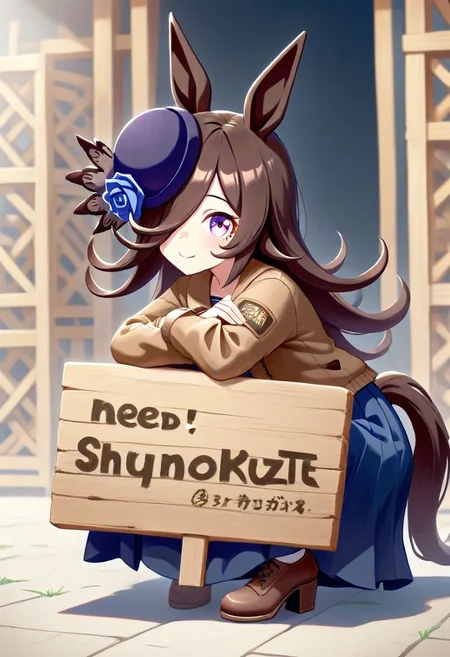 (umamusume,rice_shower_(umamusume),) 1girl, long_hair, rice shower \(umamusume\), solo, (need_buzz, buzz, need_buzz, holding sign, holding sign ),
, wood style,from side, long skirt, outdoor,pg,
blue flower, wood design jacket, blue rose,
(animal_ears, blue_skirt, brown_hair, flower, hair_over_one_eye, hat, horse_ears, horse_girl, horse_tail, jacket, long_hair, looking_at_viewer, purple_eyes, purple_hat, rose, skindentation, skirt, smile, solo, standing, tail,
linea_alba,squatting, looking at viewer, tilted_headwear, shaded face, fake smile, nervous sweat, wavy mouth, , very awa, general, :0.6)