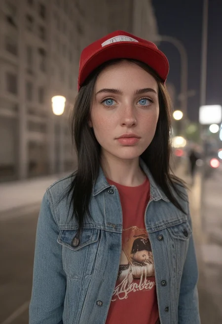 30yo woman posing for pic in front of tall building.
Blue eyes. perfecteyes
Wearing ripped Denim jacket red trucker hat
no makeup. Clear skin. realistic skin style
Long dark black slick back hair. No makeup. Dusk, Street light. Looking at camera POV. Slight smile, tilting head.. Tilt head.
Medium Close Up shot. Bokeh. Bokeh light.
