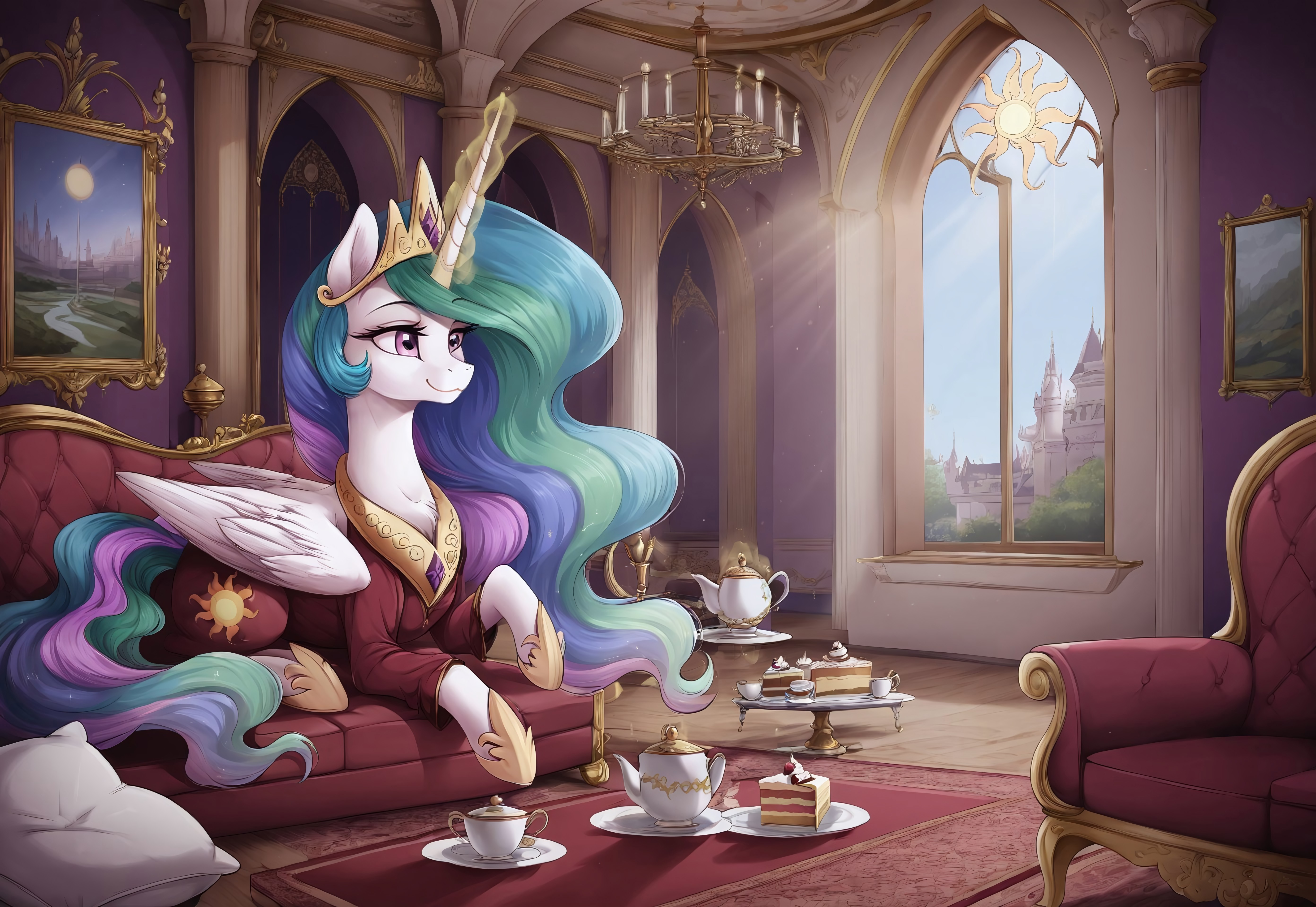 safe_pos, score_9, score_8_up, score_7_up, score_6_up, score_5_up, score_4_up, (night colors:1.1), Princess celestia, alicorn, beautiful, cake, cake eat, cake levitation, chandelier, chest, clothes, color porn, couch, crepuscular rays, cushion, detailed, dress, dust motes, featured image, female, indoors, interior, jewelry, levitation, light, magic, mare, new crown, painting, palace, scenery, scenery porn, smiling, tea, teacup, teapot, telekinesis, wallpaper, window