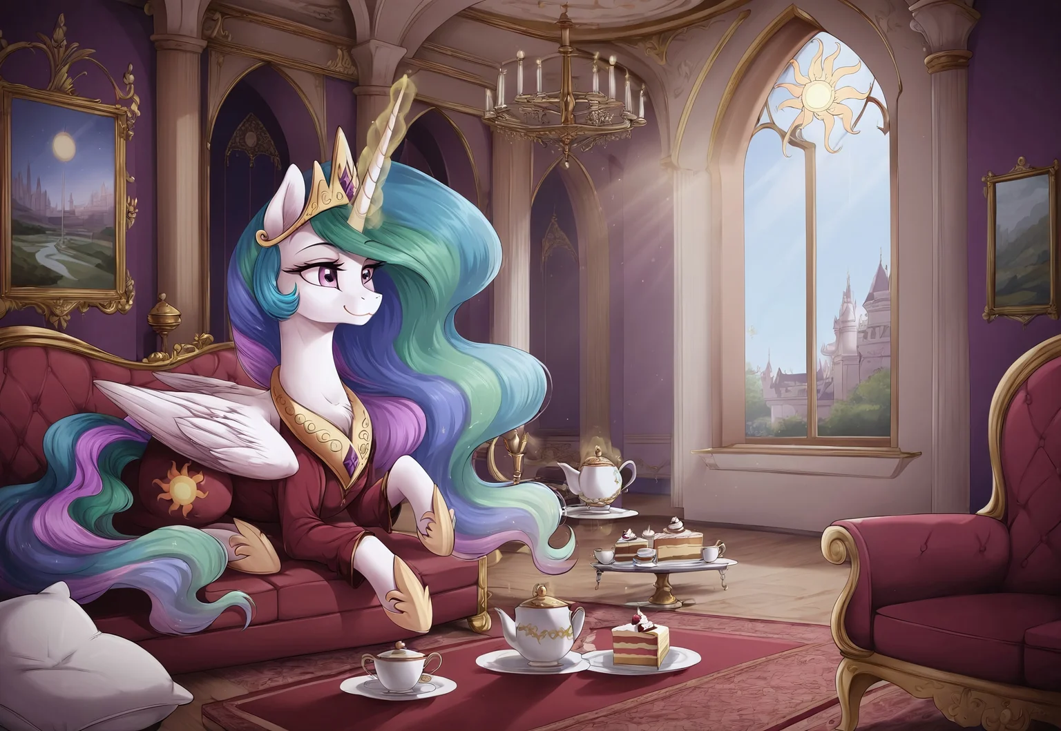safe_pos, score_9, score_8_up, score_7_up, score_6_up, score_5_up, score_4_up, (night colors:1.1), Princess celestia, alicorn, beautiful, cake, cake eat, cake levitation, chandelier, chest, clothes, color porn, couch, crepuscular rays, cushion, detailed, dress, dust motes, featured image, female, indoors, interior, jewelry, levitation, light, magic, mare, new crown, painting, palace, scenery, scenery porn, smiling, tea, teacup, teapot, telekinesis, wallpaper, window