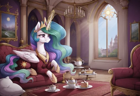 safe_pos, score_9, score_8_up, score_7_up, score_6_up, score_5_up, score_4_up, (night colors:1.1), Princess celestia, alicorn, beautiful, cake, cake eat, cake levitation, chandelier, chest, clothes, color porn, couch, crepuscular rays, cushion, detailed, dress, dust motes, featured image, female, indoors, interior, jewelry, levitation, light, magic, mare, new crown, painting, palace, scenery, scenery porn, smiling, tea, teacup, teapot, telekinesis, wallpaper, window