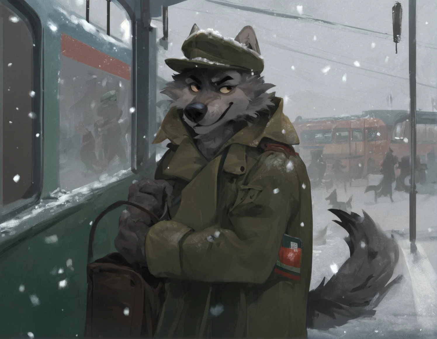 source_furry , grey wolf wearing a ushanka hat and long soviet style coat, boarding a green soviet train, tail, snowing, <lora:E6_Styles_-_Kenket_Definitive_Edition_v2:0.8>, score_9, score_8_up, score_7_up,