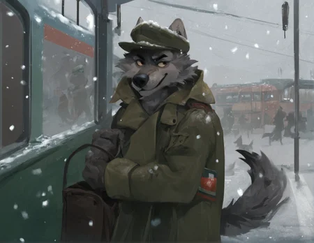 source_furry ,  grey wolf wearing a ushanka hat and long soviet style coat, boarding a green soviet train, tail, snowing,  <lora:E6_Styles_-_Kenket_Definitive_Edition_v2:0.8>, score_9, score_8_up, score_7_up,