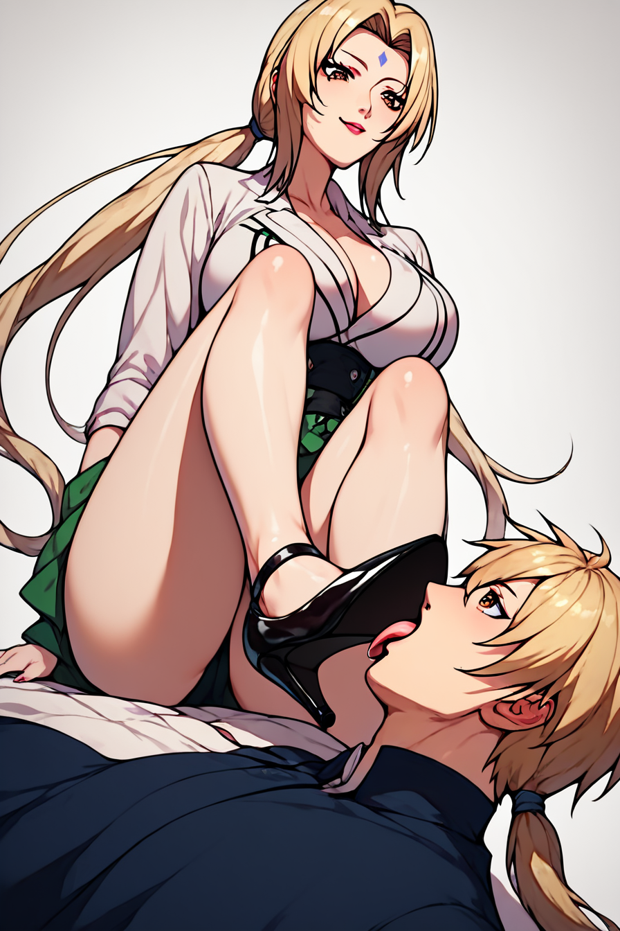 score_9, score_8_up, score_7_up, score_6_up, score_5_up, score_4_up, <lora:tsunade-s2-ponyxl-lora-nochekaiser:0.8> , tsunade, blonde hair, yellow hair, facial mark, forehead mark, long hair, makeup, mature female, brown eyes, parted bangs, twintails, low twintails, large breasts, masterpiece, highres, highly detailed face, highly detailed shining eyes, symmetrical highly detailed eyes,   <lora:boot_shoes_licking_pony:0.8>, 1girl, sitting, 1boy, black high heels, licking high heels, femdom, looking down, white background, simple background